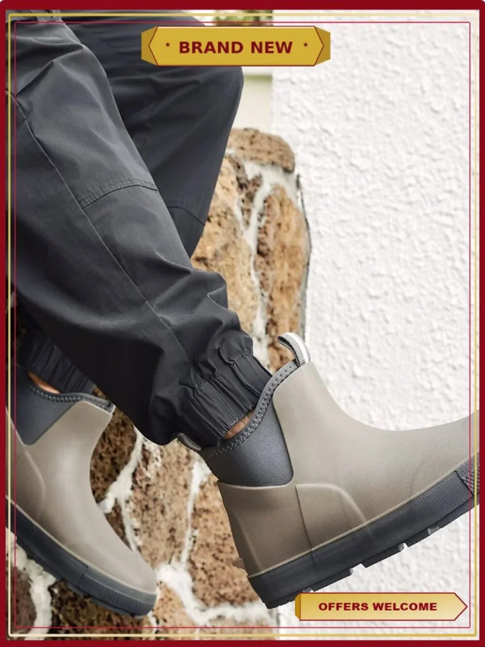 Men's Waterproof Rain Boots Anti-Slip Rubber Ankle Deck Boots Gardening Fishing